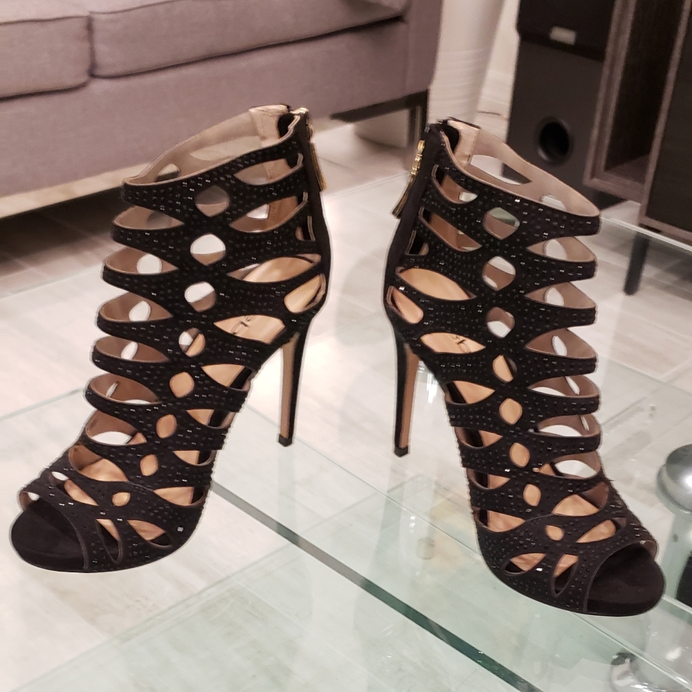 NWOT  - Bebe black suede, crystal embellished gladiator platform sandals